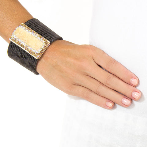 La Costa Orange Calcite Wide Leather Cuff on model
