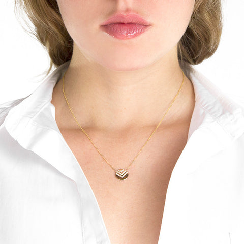 One Jewelry Chevron Gold Disk Necklace with Diamonds on model