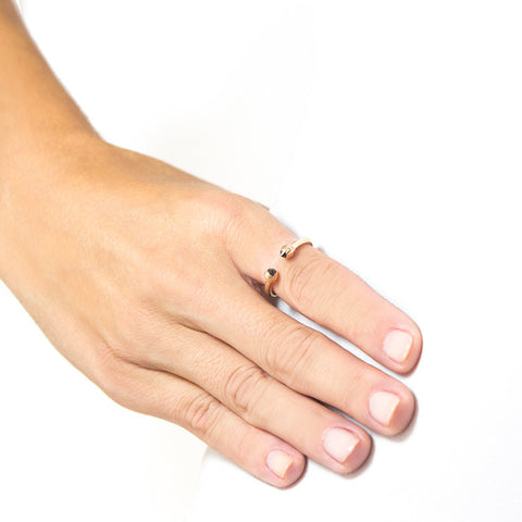 One Jewelry Open Rose Gold Ring With Pointed Black Diamonds on model