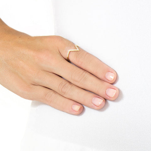 One Jewelry Yellow Gold Deep Pointed Arch Ring With Diamonds on model