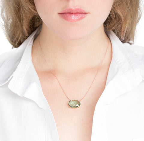 Roger Benatar Green Amethyst Necklace in Rose Gold on model