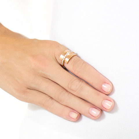 Roger Benatar Sculptural Rose Gold Ring with Band of Diamonds on model