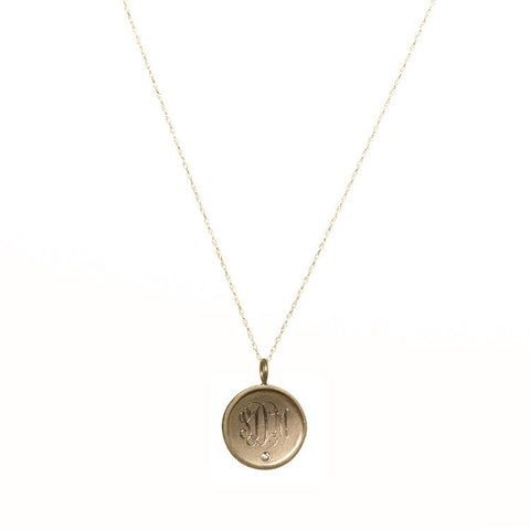 Medium Framed Gold Disc With Initials And Diamond Necklace