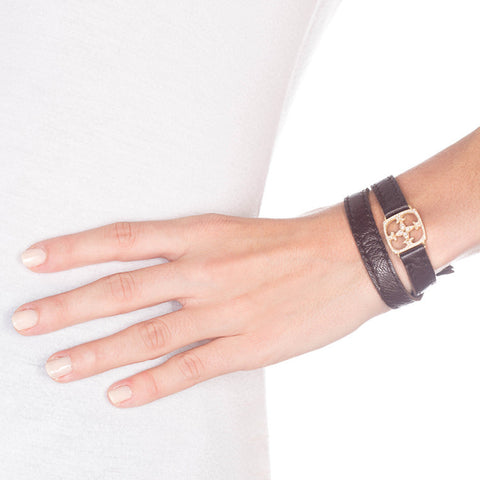 Garden Gate Diamond Leather Wrap Cuff on Person