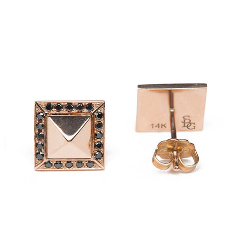 Black Diamond & Rose Gold Pyramid Studs Close Up Front and Back View